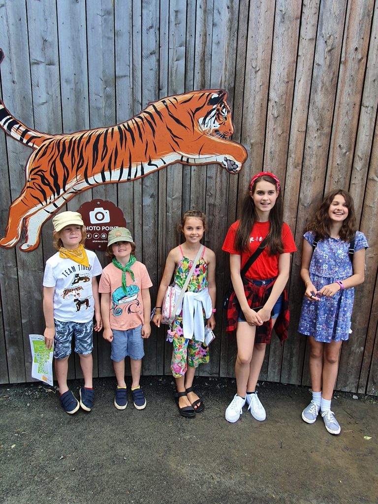 Five siblings on a day out stand in front of building with a tiger on it. 