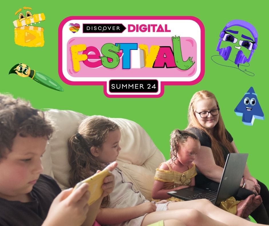 Decorative image showing children using laptop and devices and the logo 'Discover digital summer festival'