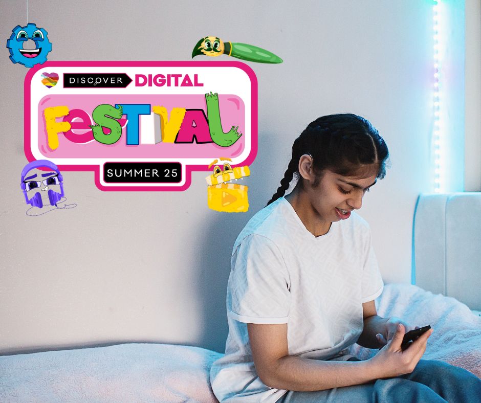 A teenage girl is sat on her bed and looking at her smartphone screen. Summer festival 2025 logo.