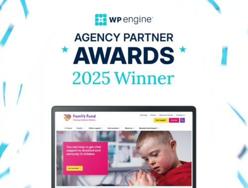 A photo of the Family Fund website on a laptop. The text reads: WP Engine Agency Partner Awards 2025 Winner.