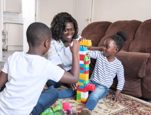 A family are sat on the floor of their living room playing with building bricks