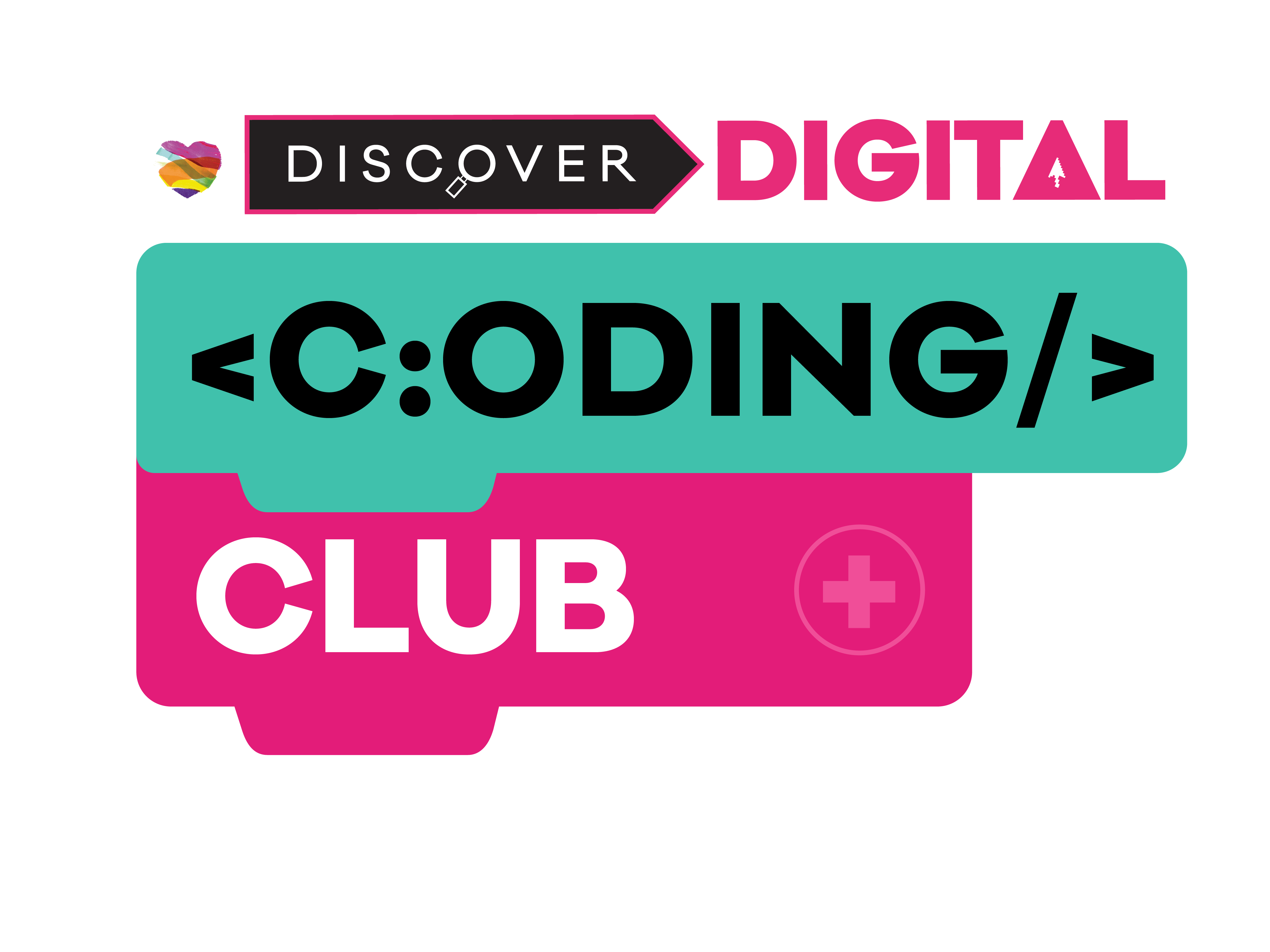 A graphic of two coding blocks stacked with text that reads: 'Coding club.' Discover Digital logo at the top.
