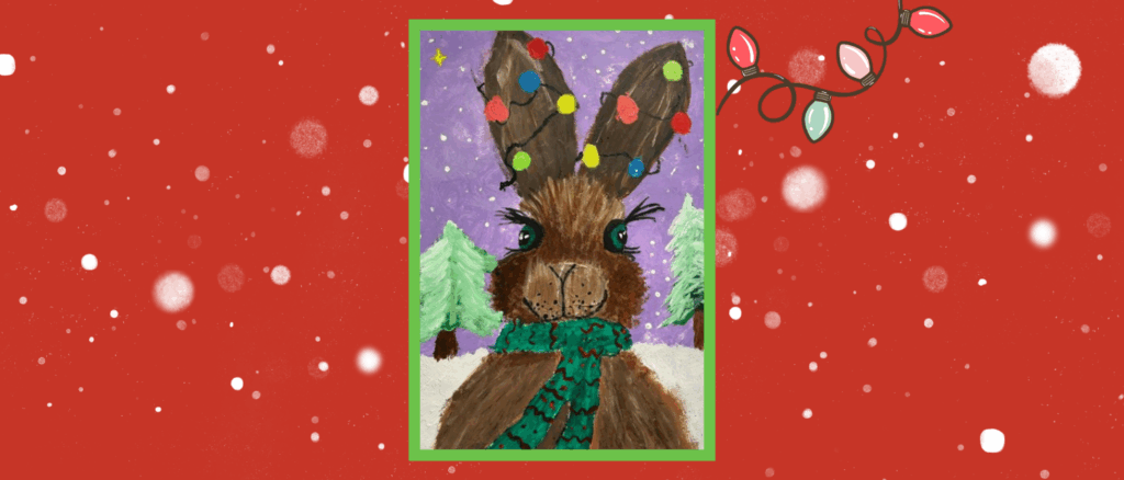 Leo's card; showing a smiling bunny with festive lights on it's ears