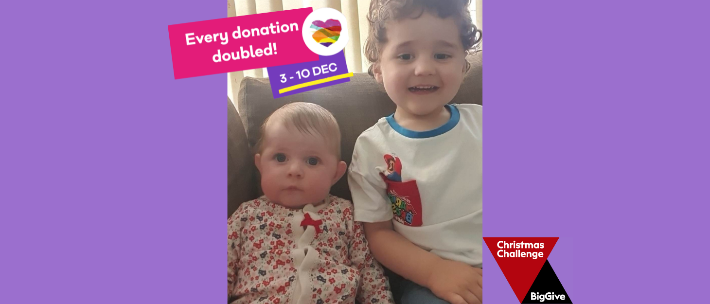 A purple background and in the middle is a photo of a baby girl and her older brother sitting next to each other on a sofa. A pink banner is in the top left with text 'every donation double 3-10 Dec!'