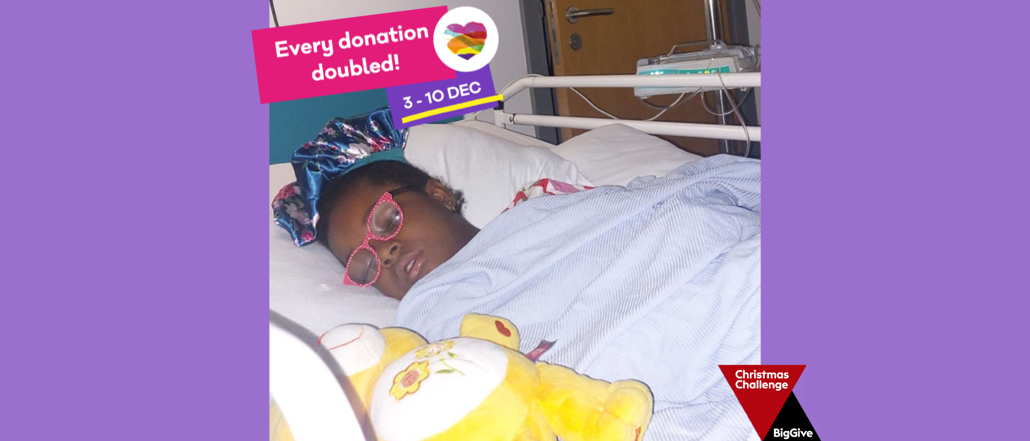 A little girl laid asleep in a hospital bed with a yellow teddy bear. A pink banner is in the top left with text 'every donation double 3-10 Dec!'