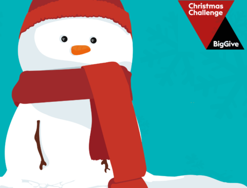 A graphic of a blue background with a white snowman wearing a red scarf