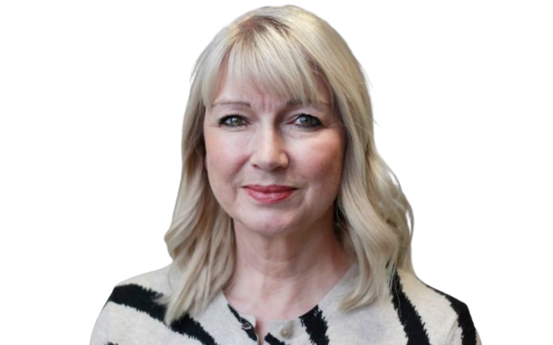 A woman with blonde curled hair