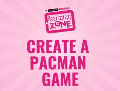 a discover digital learning zone logo with the text create a pacman game