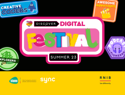 Discover Digital Festival of creative iPad skills workshops logo is shown in the foreground. Behind it is a black background with four illustrated badges showing a sample of the digital workshops. On a yellow bar at the bottom is the Stone logo, Sync logo, and RNIB logo.