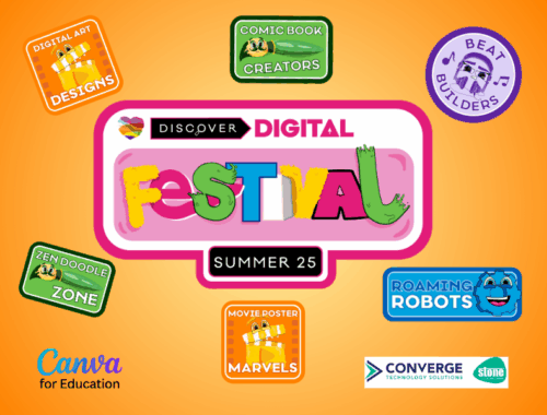 Discover Digital summer festival 2025 logo surrounded by workshop badges: movie poster marvels, digital art designs, comic book creators, beat builders, zen doodle zone and roaming robots. Canva and Converge logos