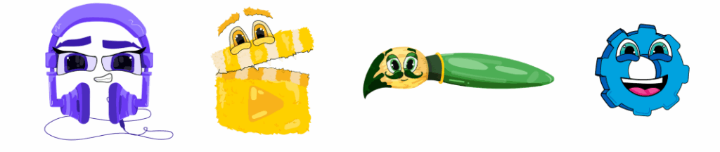 Four festival characters: the clap board, the cog, the paintbrush and the headphones