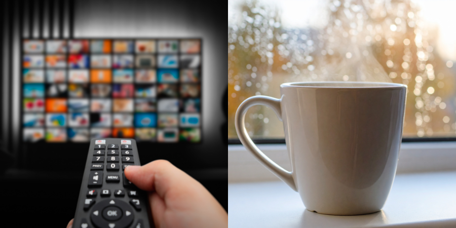 Two photos side by side. On the left, a hand holding a remote control pointing at a TV. On the right, a mug in front of a rainy window.