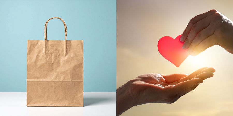 Two photos side by side. On the left, a takeaway brown bag. On the right, two hands, with one handing a red heart to the other.