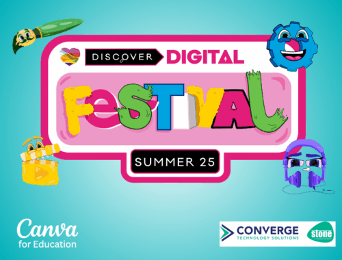 Discover Digital summer festival 2025 logo surrounded by workshop characters: arrow, cog, headphones and clapboard