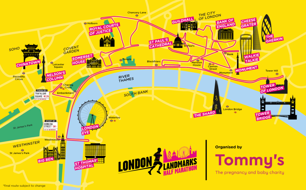 A route map of the London Landmarks half marathon