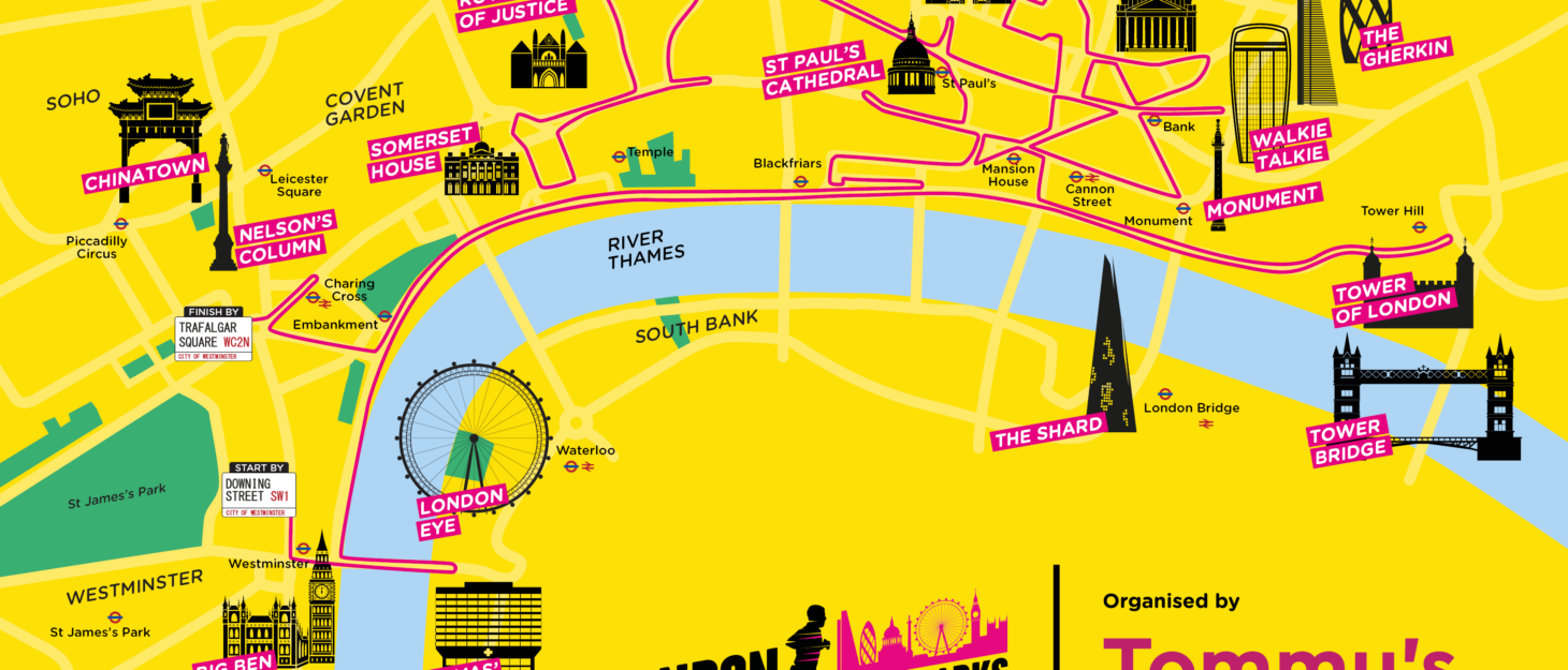 A route map of the London Landmarks half marathon