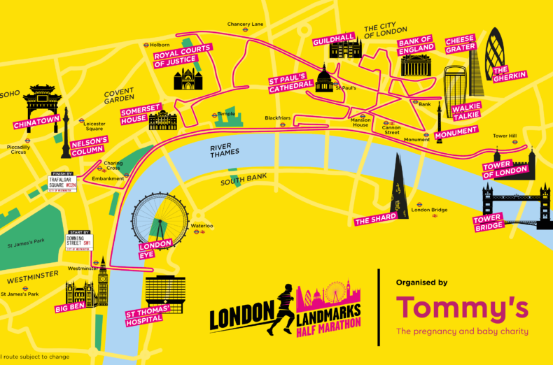 A route map of the London Landmarks half marathon