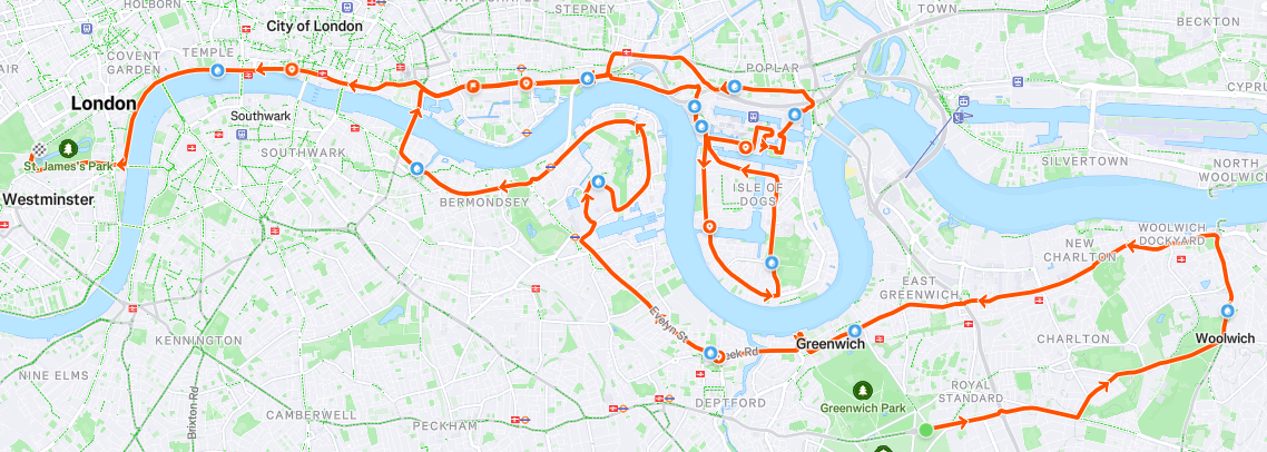 A map of the city of London with the London Marathon route