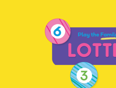 A purple box with text that reads 'Play the Family Fund lottery', surrounded by colourful lottery balls.