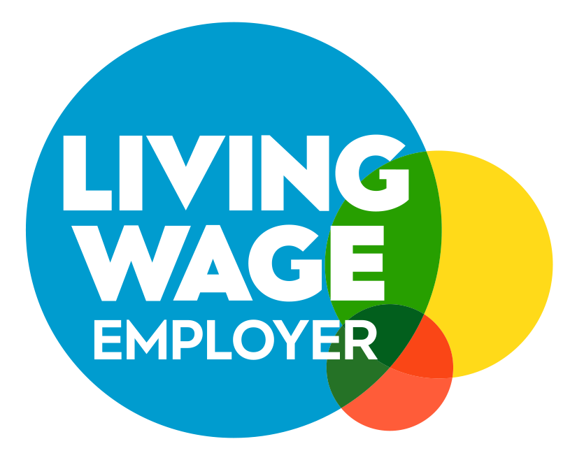The logo for the living wage employer, which is in three circles coloured blue, yellow and orange.
