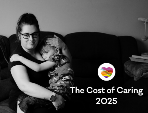 A woman sitting on the sofa with a child on her lap. Text reads: The Cost of Caring 2025