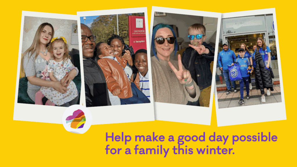 Photos of families smiling with text that reads "Help make a good day possible for a family this winter'