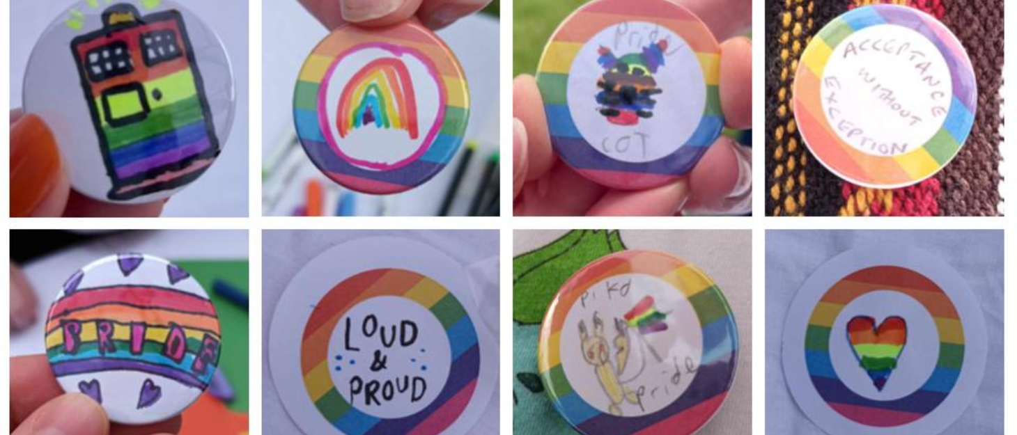 A collection of handmade badges created at Family Fund's York Pride stall