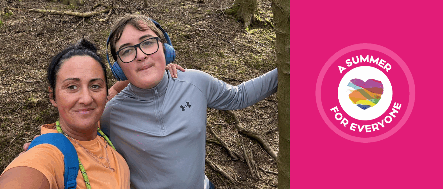 A woman and son with their arms around each other stood by a tree. Includes Family Fund heart logo. The text reads: a summer for everyone.