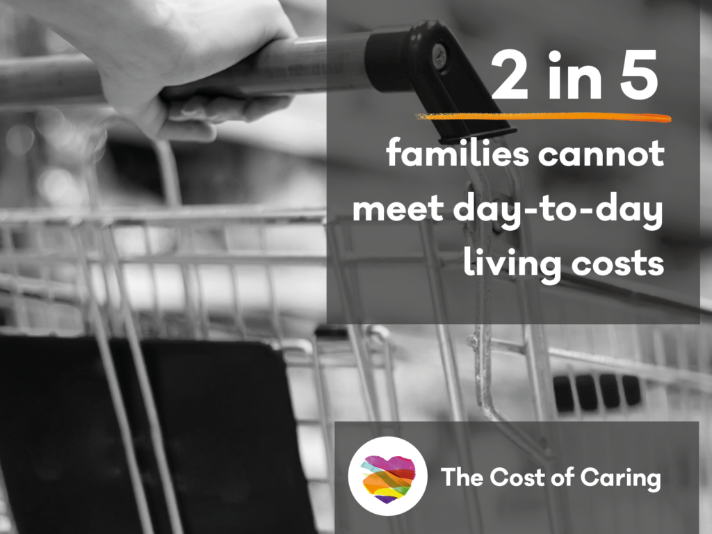 Black and white photo of shopping trolley with Family Fund heart logo. Text says: 2 in 5 families cannot meet day-to-day living costs. The Cost of Caring.