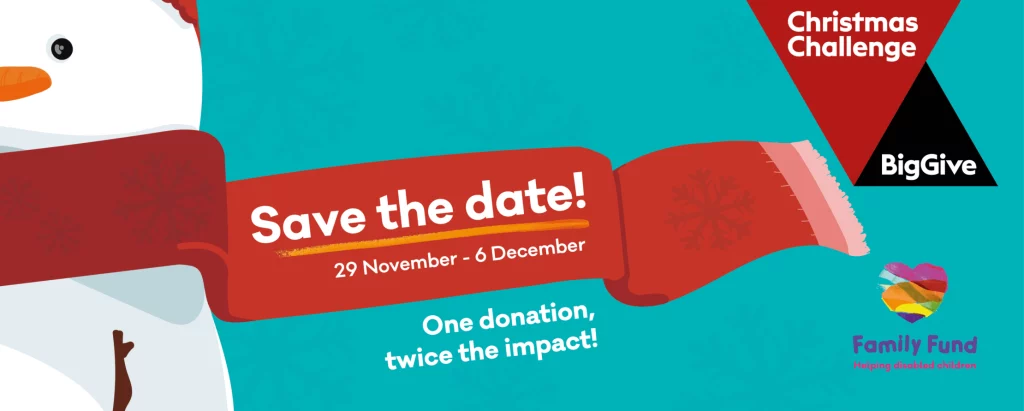 design of a snowman on a blue background where we can read 'Save the date! 29 November - 4 December. One donation, twice the impact'