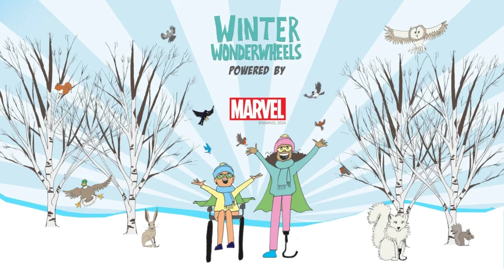 At Home Winter Wonderwheels powered by MARVEL illustration showing two characters; one in a wheelchair, and one with a prosthetic leg